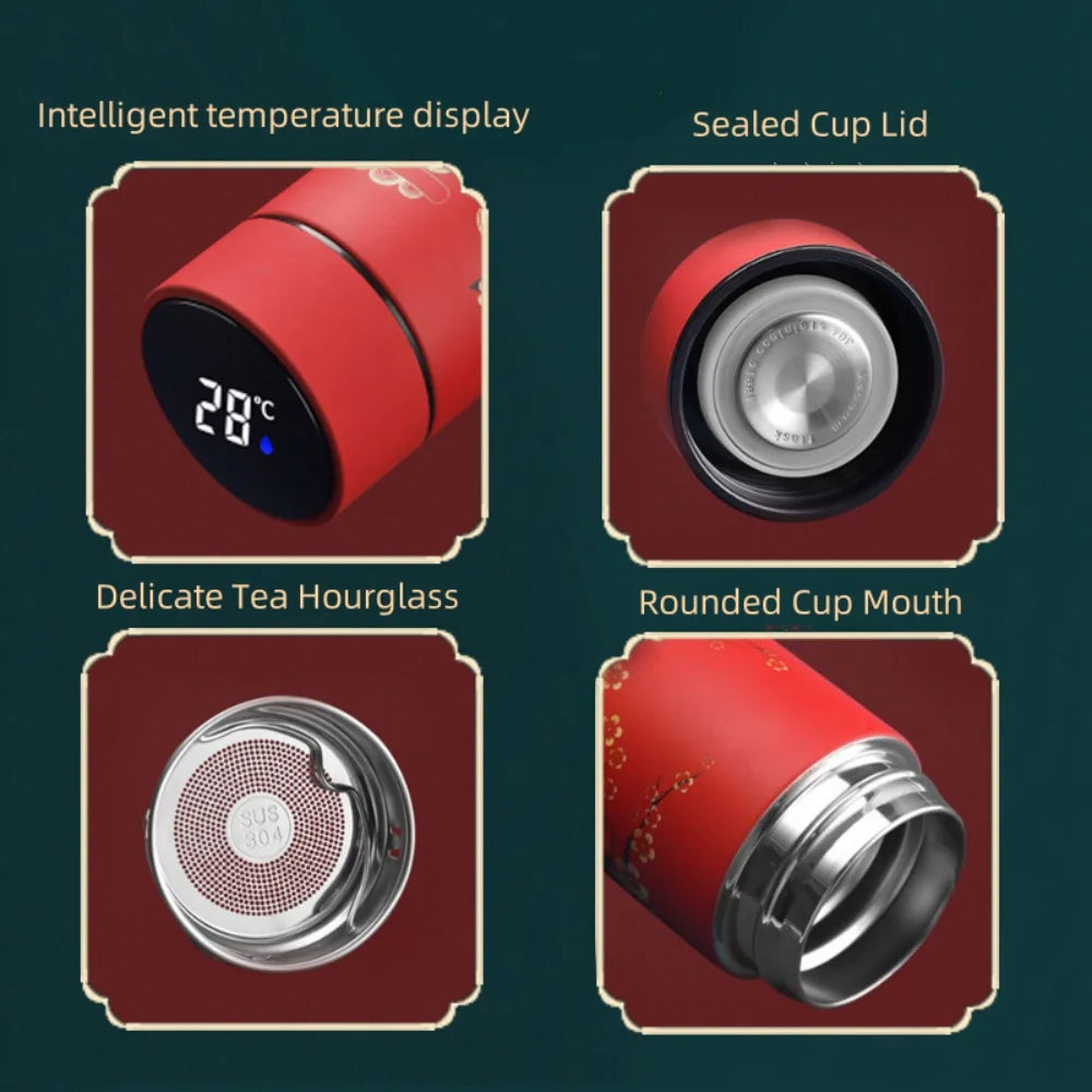 Thermos à Affichage de Température Numérique - Thème : Japon - Grue Noir