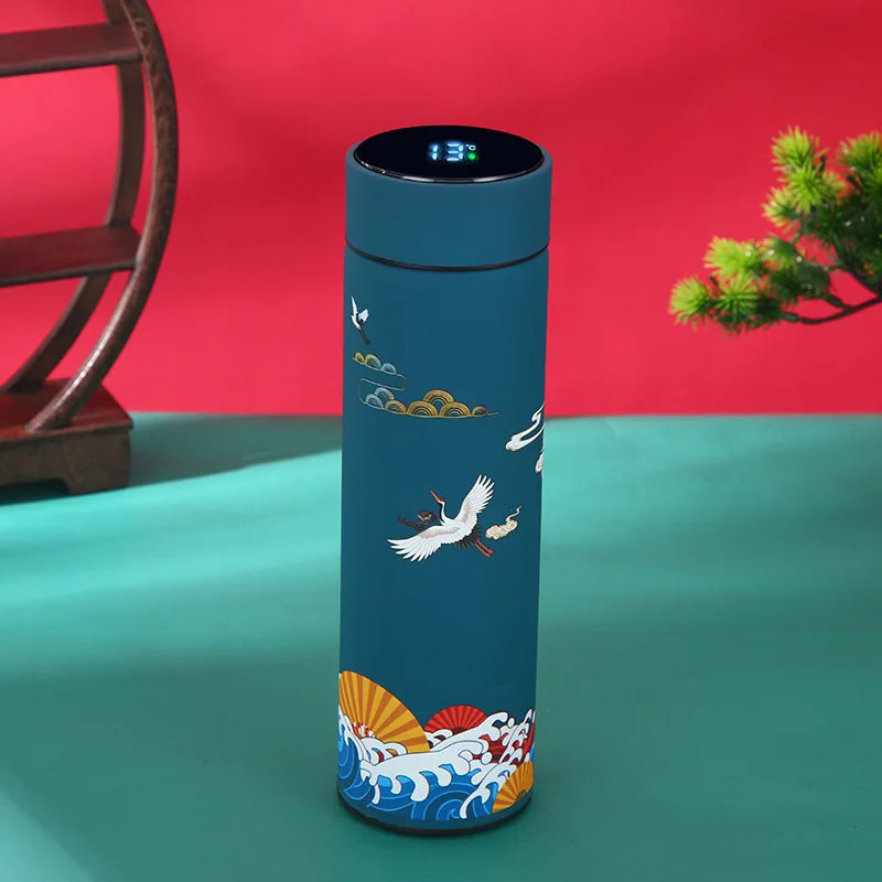 Thermos à Affichage de Température Numérique - Thème : Japon - Grue