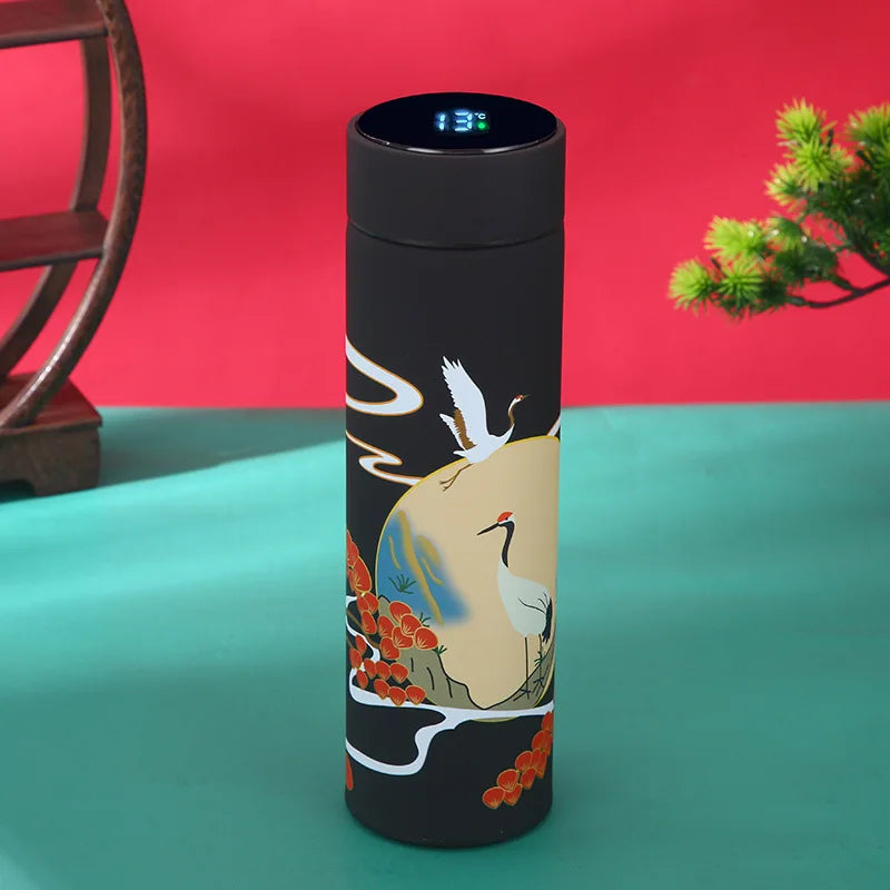 Thermos à Affichage de Température Numérique - Thème : Japon - Grue Noir